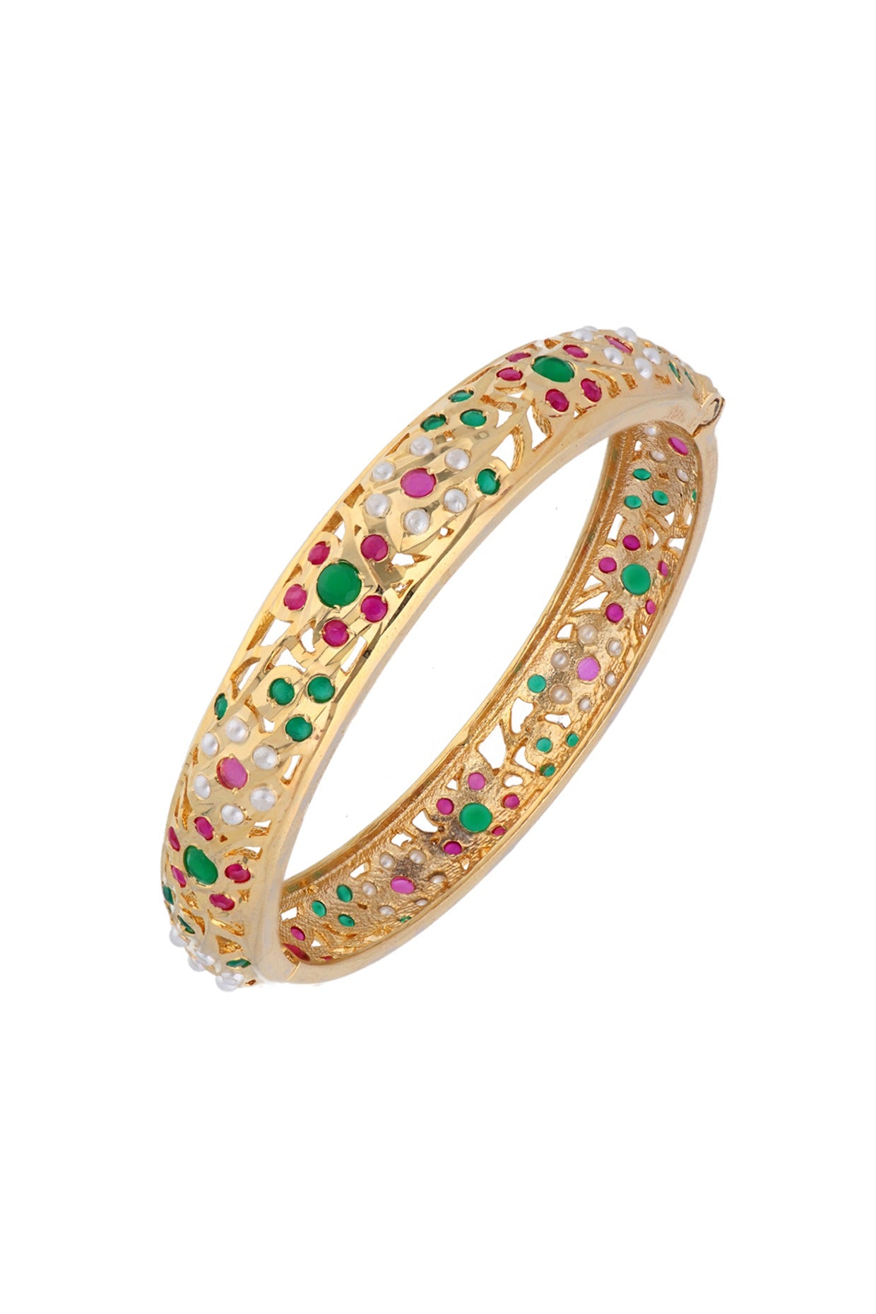 Gold Plated Multi-Colored Jadau & Faux Pearl Bangle