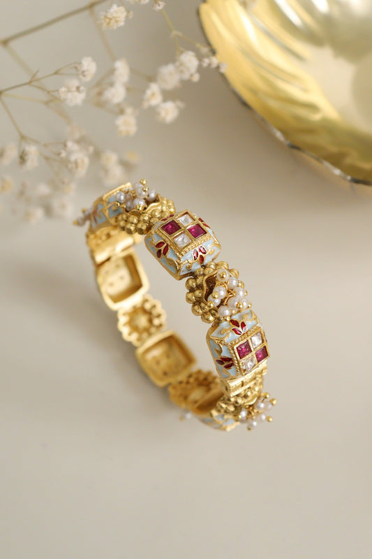 Gold Finish Kundan Polki & Pearl Meenakari Bangle