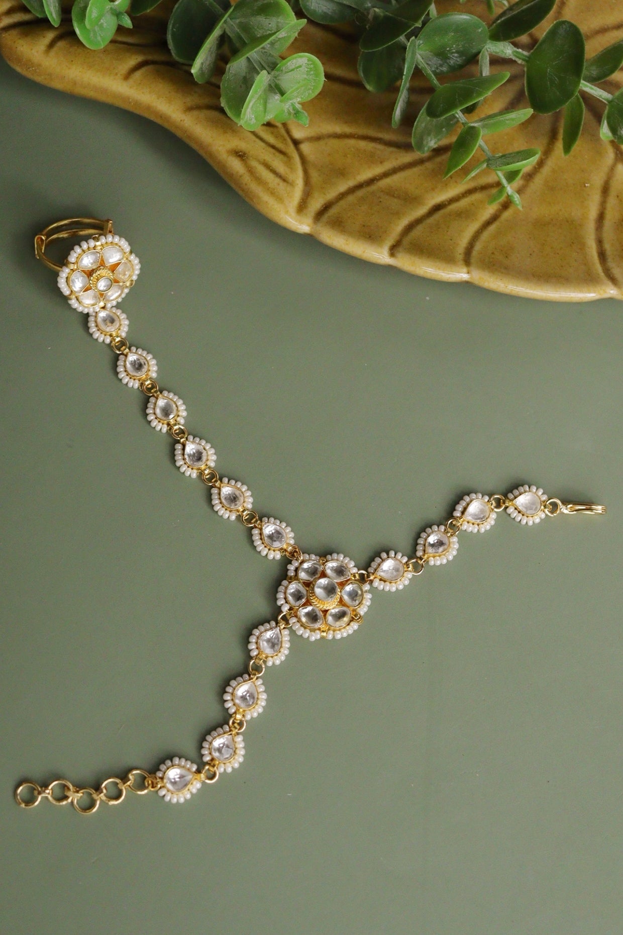 Gold Finish Kundan Polki & Pearl Floral Hathphool