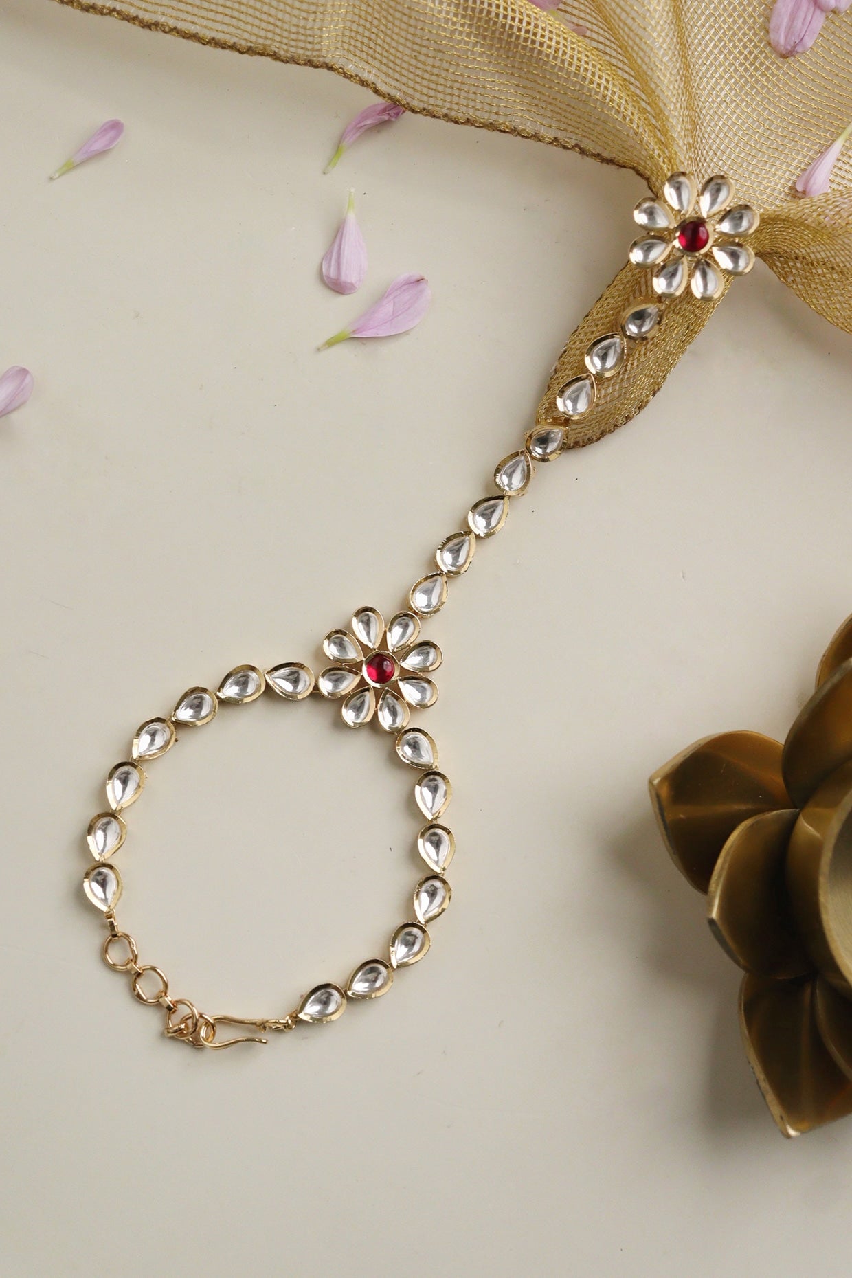 Gold Finish Kundan Polki & Red Stone Hathphool