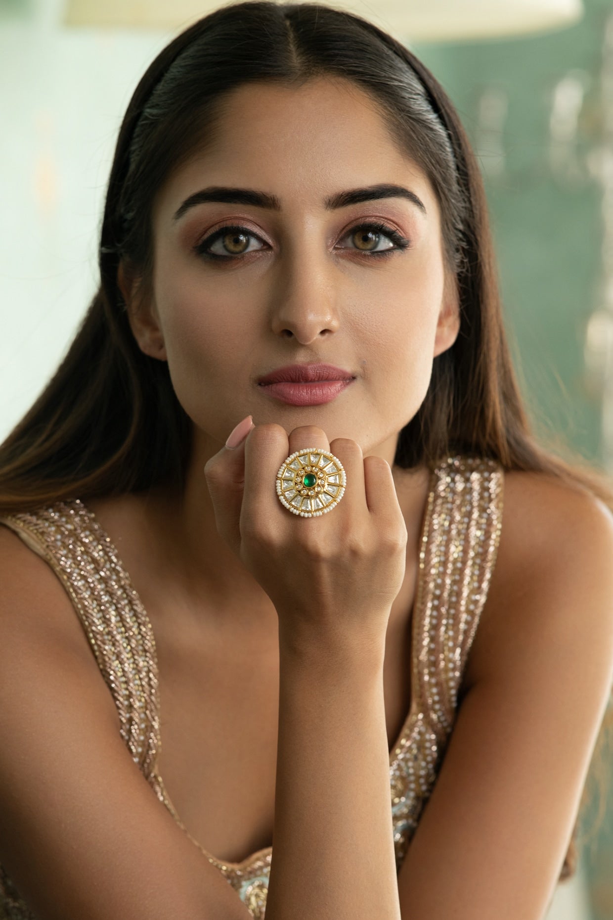 Gold Finish Kundan Polki & Green Stone Dome Ring