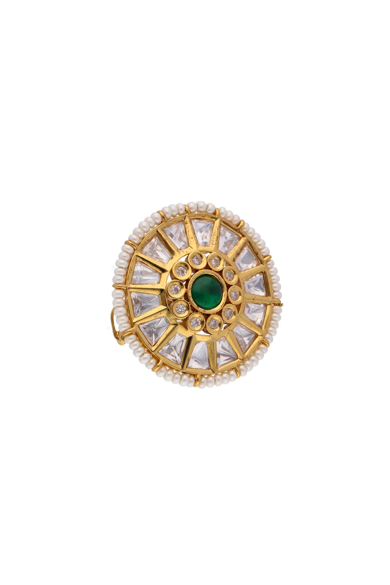 Gold Finish Kundan Polki & Green Stone Dome Ring