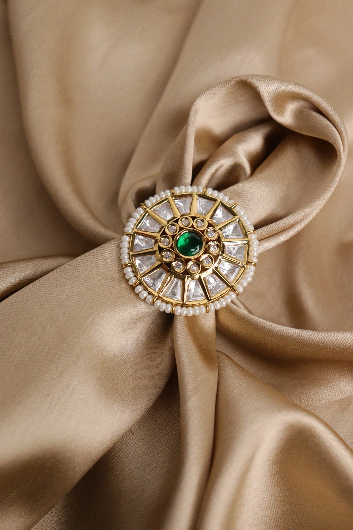 Gold Finish Kundan Polki & Green Stone Dome Ring