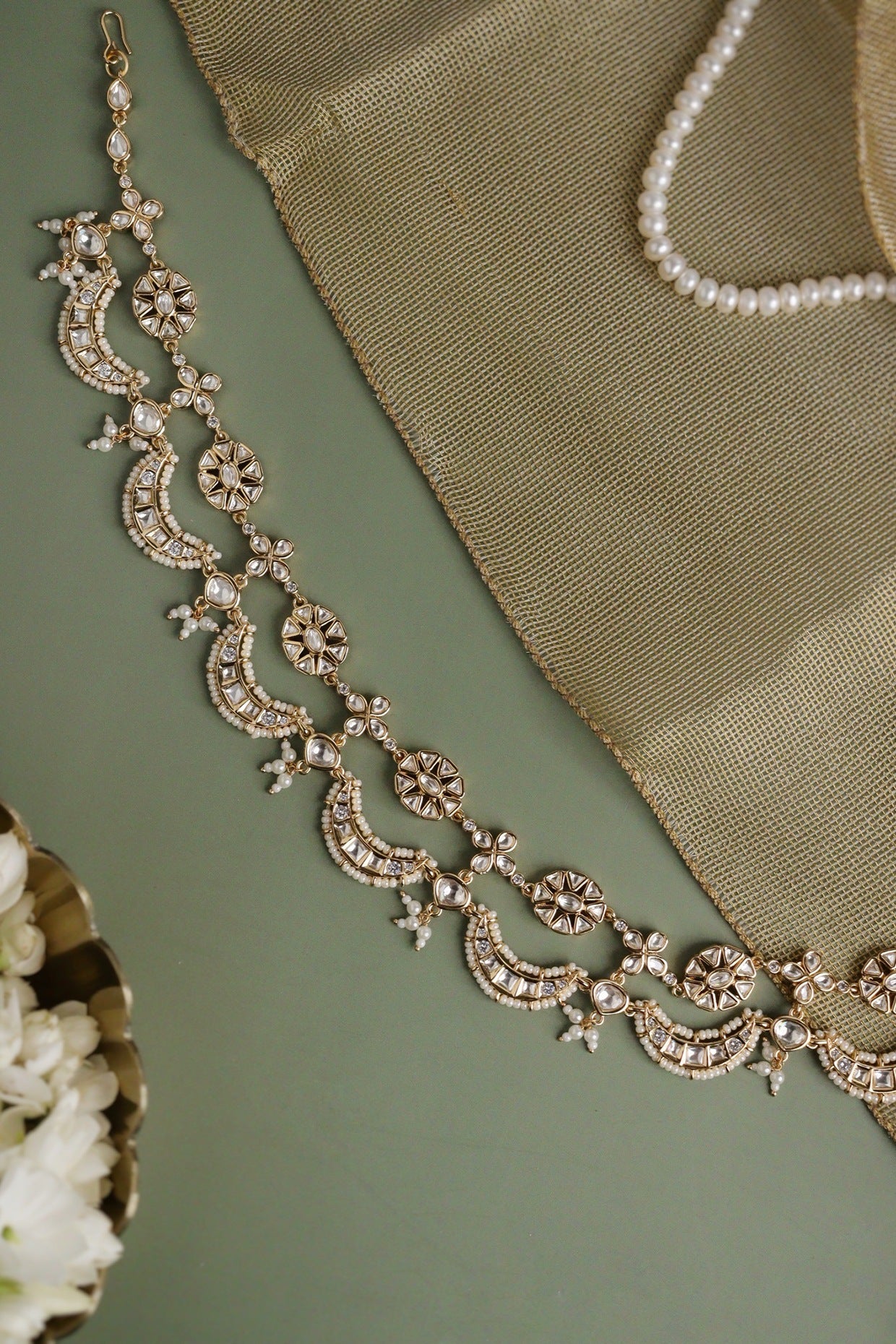 Gold Finish Kundan Polki & Pearl Sheeshphool