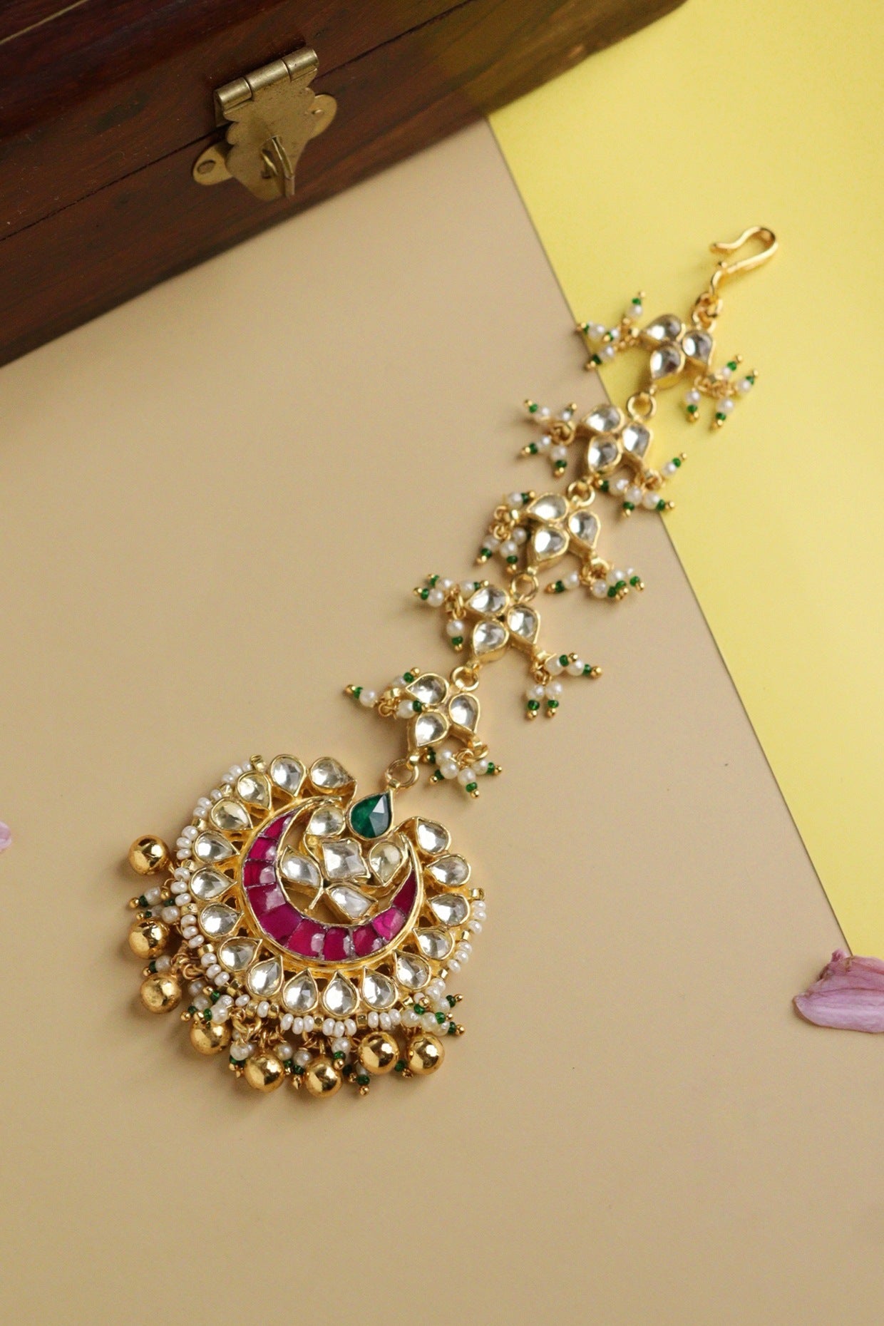 Gold Finish Kundan Polki & Pearl Maang Tikka