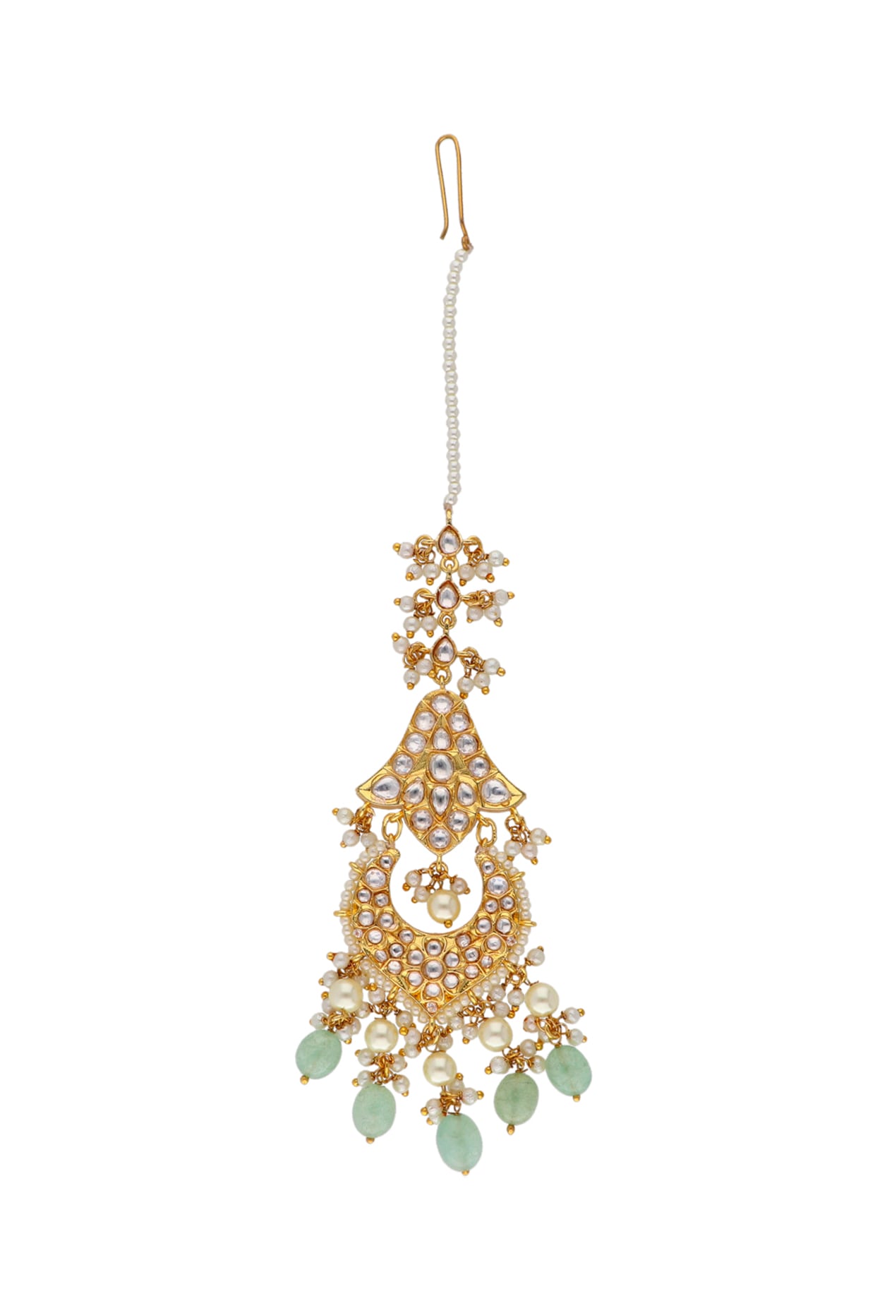 Gold Finish Kundan Polki & Green Jade Stone Maang Tikka