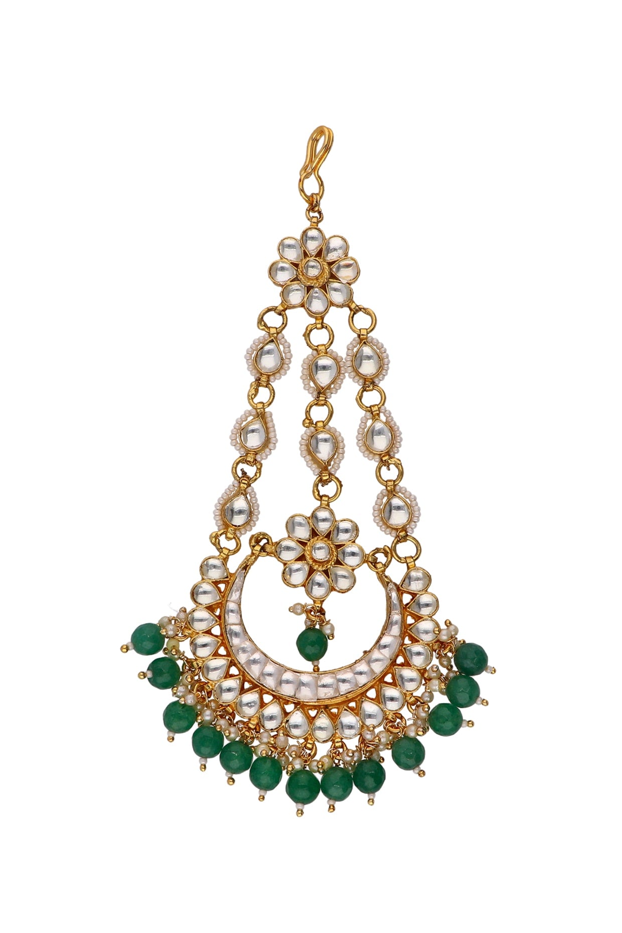 Gold Finish Kundan Polki & Green Semi-Precious Stone Pasa