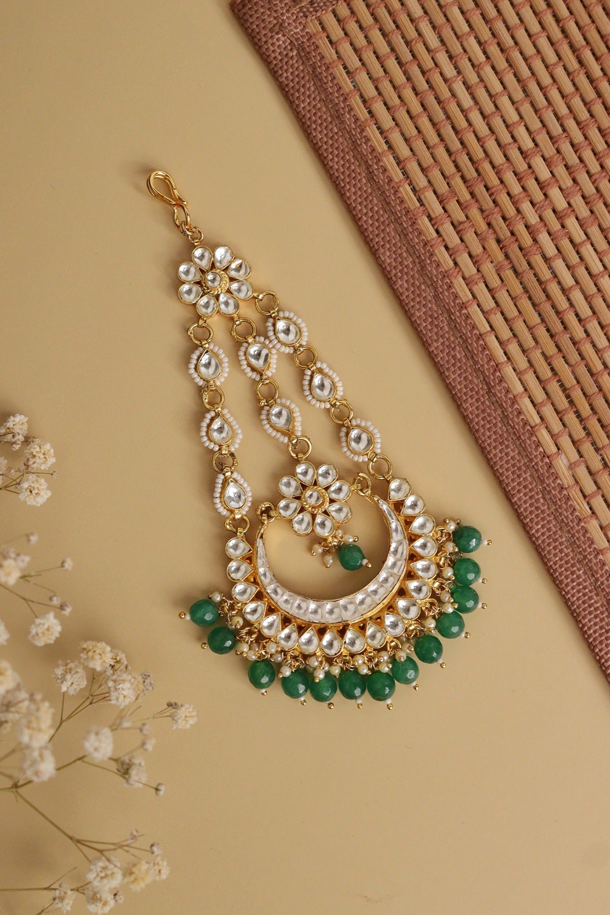 Gold Finish Kundan Polki & Green Semi-Precious Stone Pasa