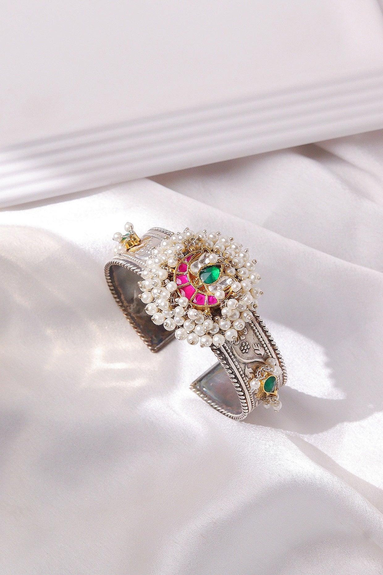 Two-Tone Finish Pearls & Semi-Precious Stone Cuff