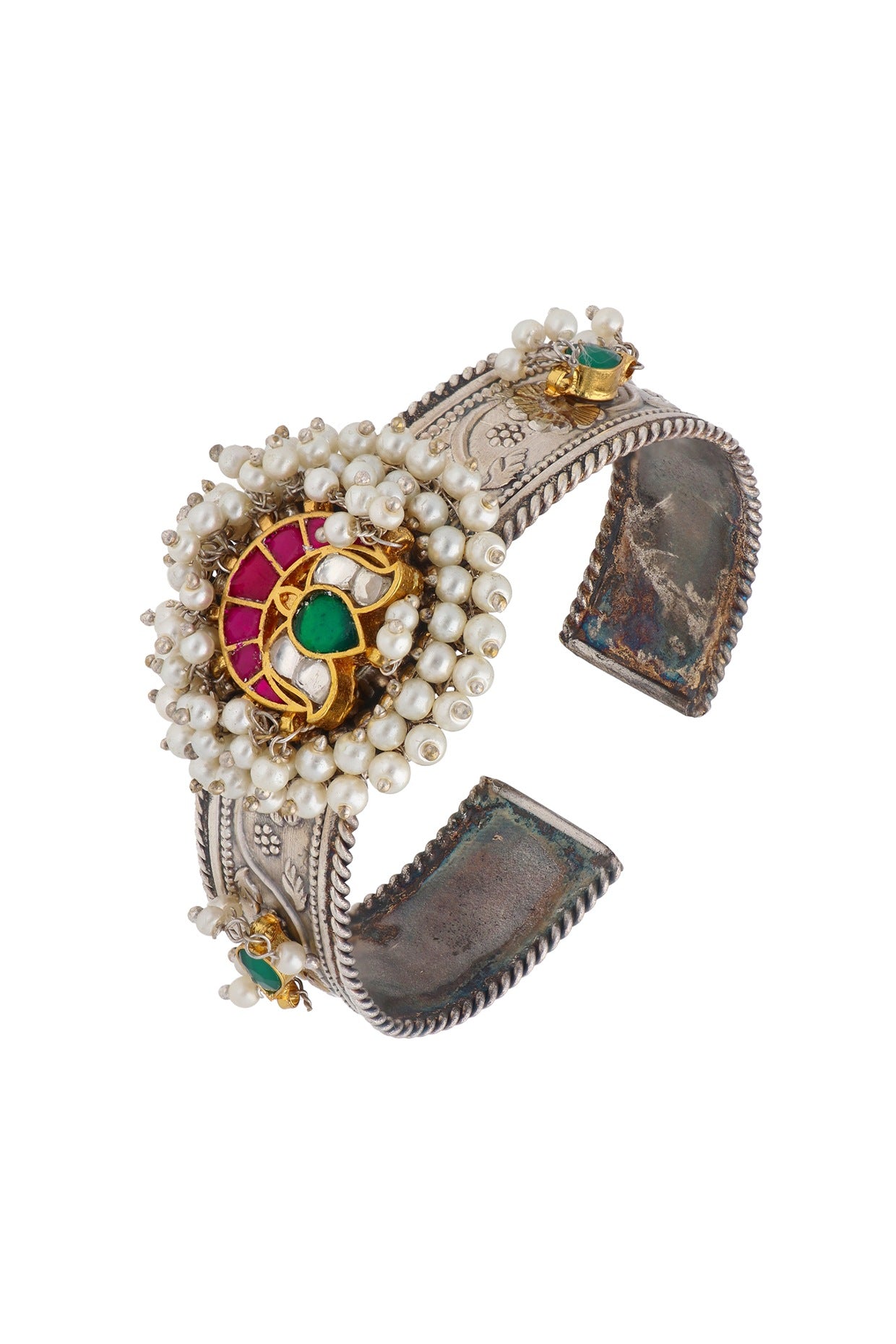 Two-Tone Finish Pearls & Semi-Precious Stone Cuff