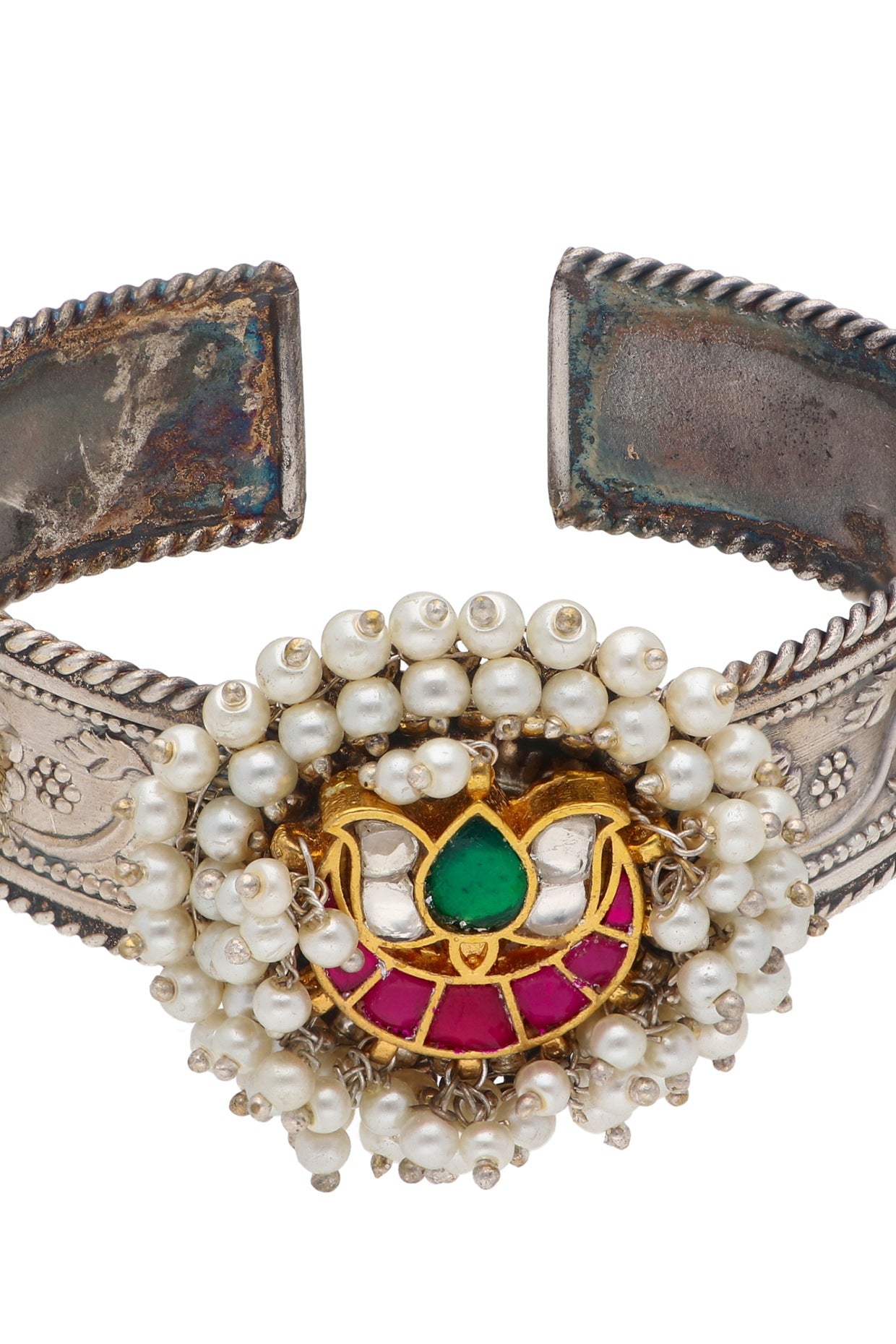 Two-Tone Finish Pearls & Semi-Precious Stone Cuff