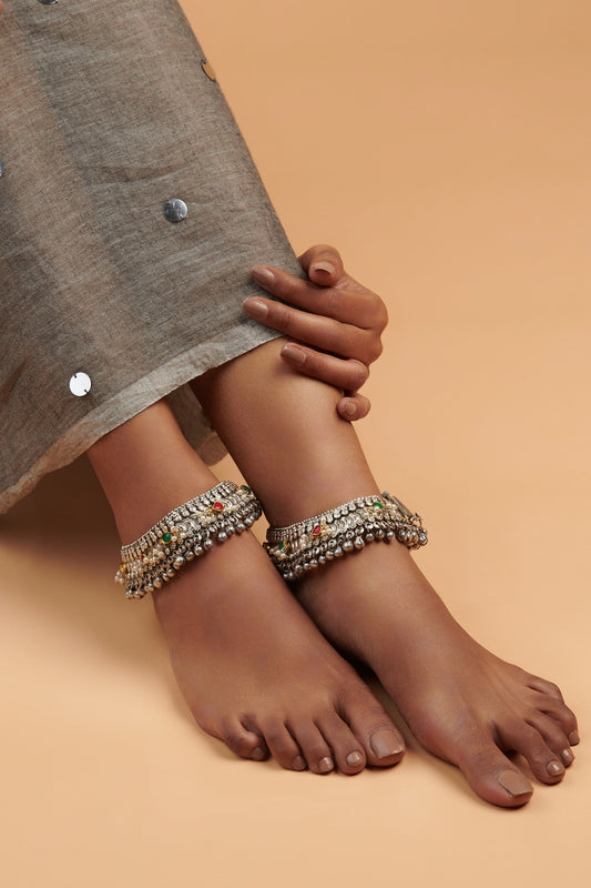 Two-Tone Finish Ghunghroo & Semi-Precious Stone Anklet (Set of 2)