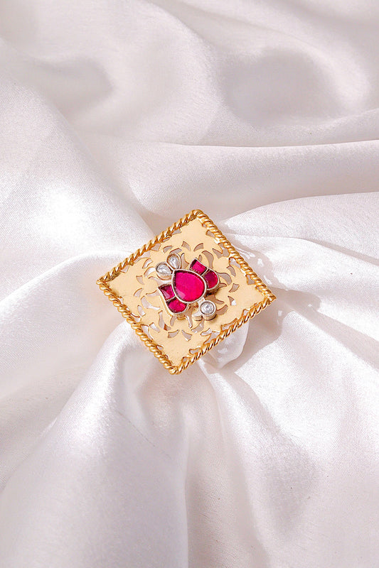 Gold Plated Pink Bird Motif Filigree Work Ring