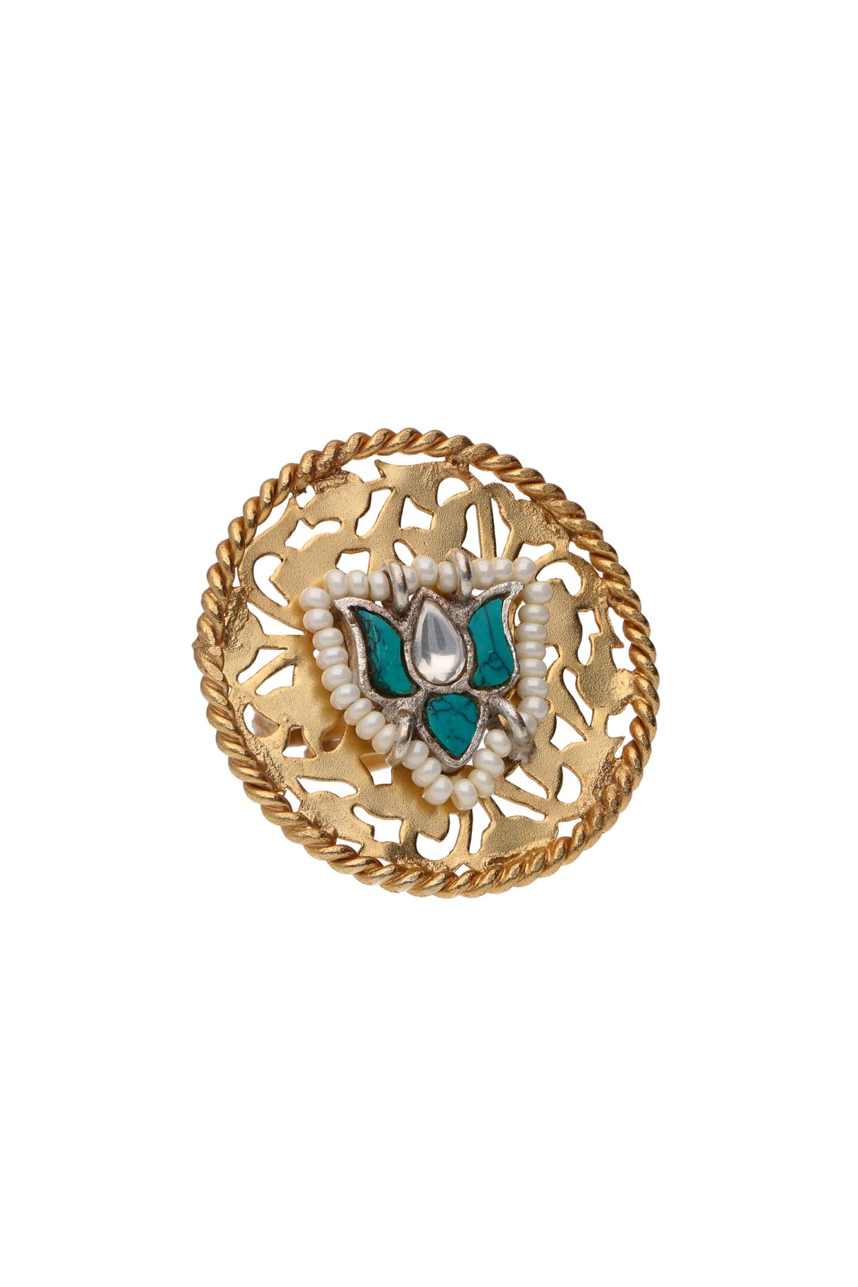 Gold Finish Turquoise Stone & Lotus Floral Motif Adjustable Ring