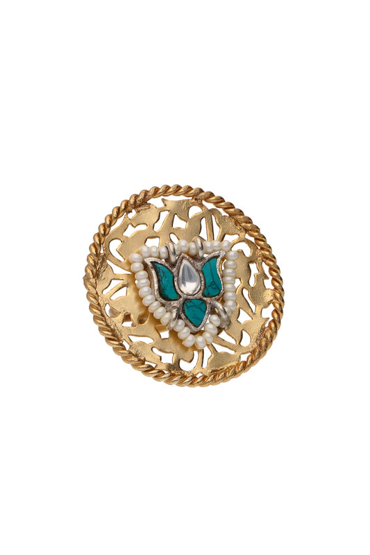 Gold Finish Turquoise Stone & Lotus Floral Motif Adjustable Ring