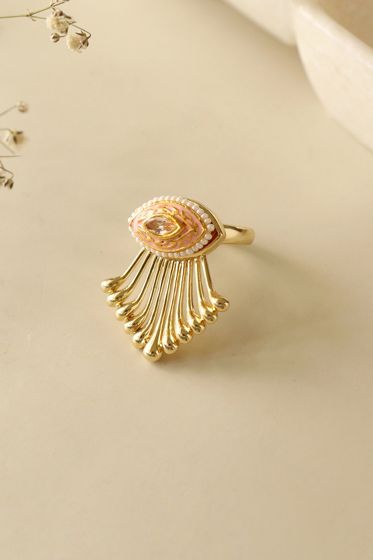 Gold Finish Kundan Polki Enameled Ring