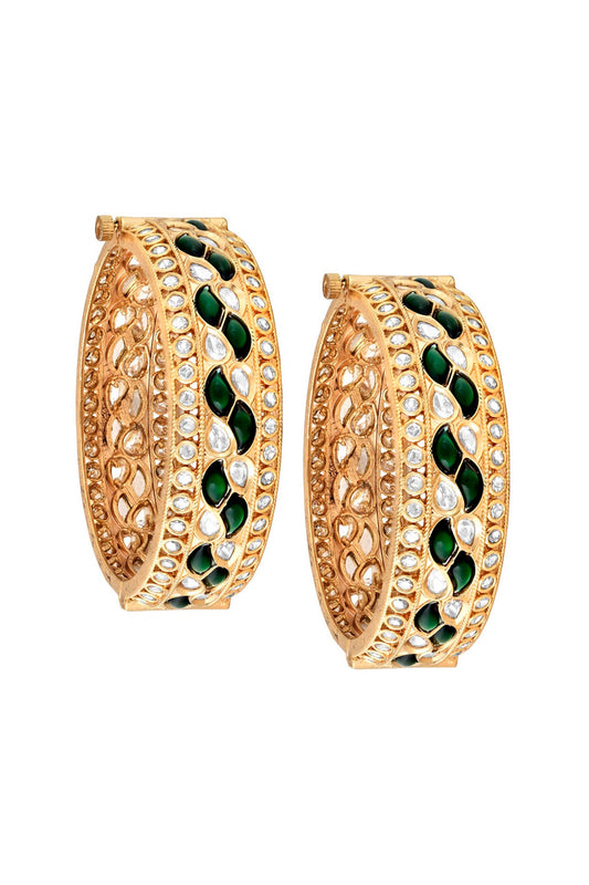 Gold Plated Bangle With Emerald Green Kundan Polki