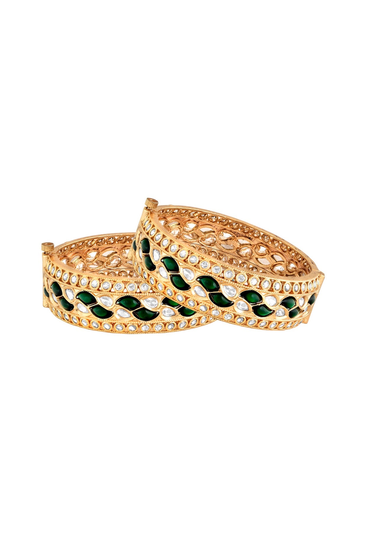 Gold Plated Bangle With Emerald Green Kundan Polki