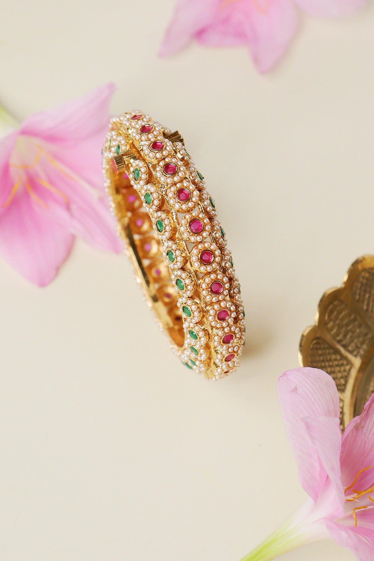 Gold Plated Red & Green Kundan Polki Temple Bangles