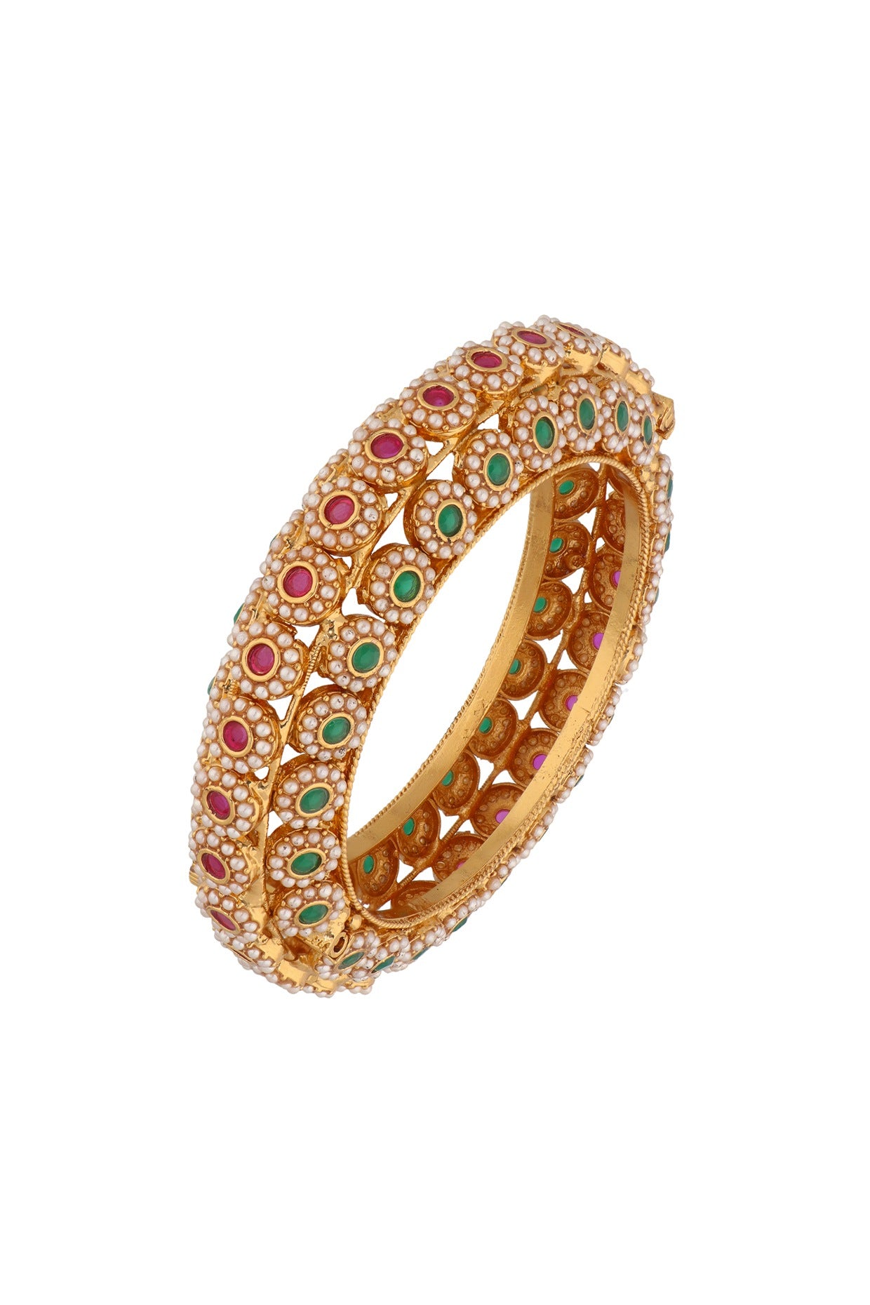 Gold Plated Red & Green Kundan Polki Temple Bangles