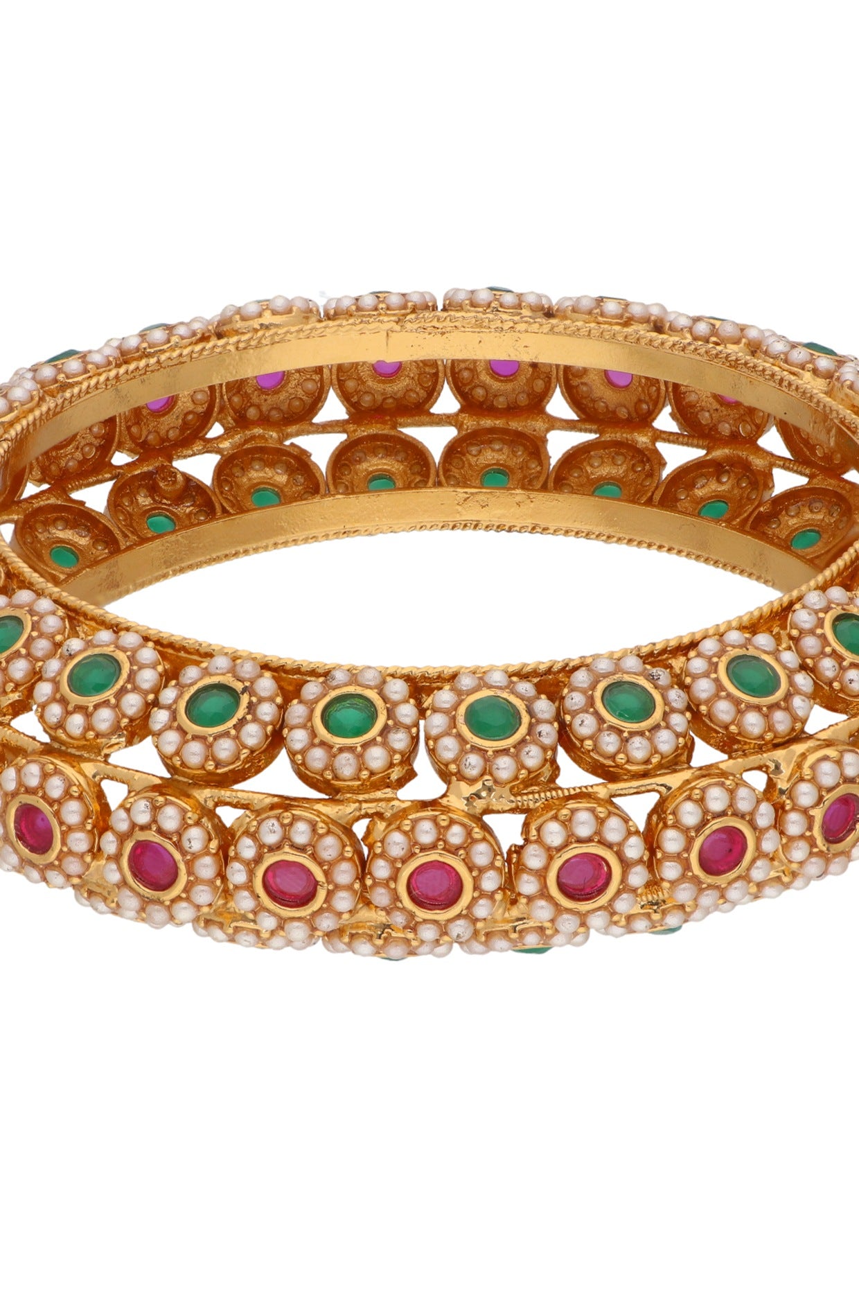 Gold Plated Red & Green Kundan Polki Temple Bangles