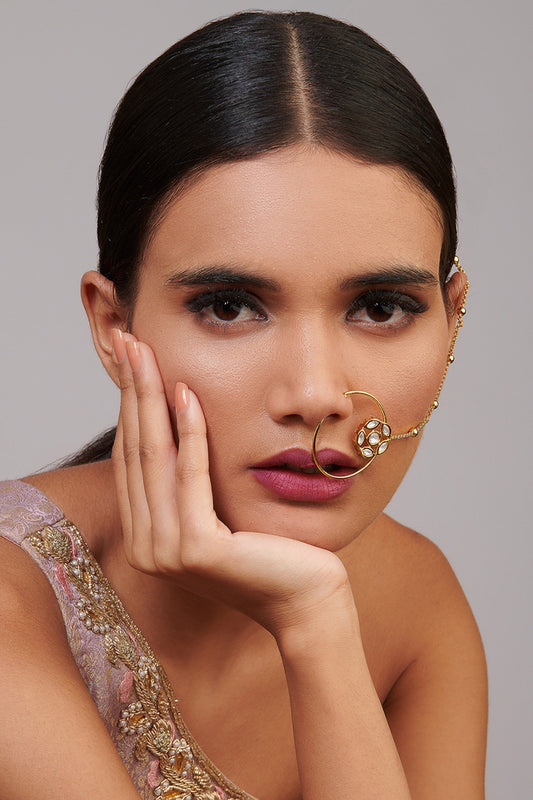 Gold Finish Kundan Polki Handcrafted Enameled Nose Ring