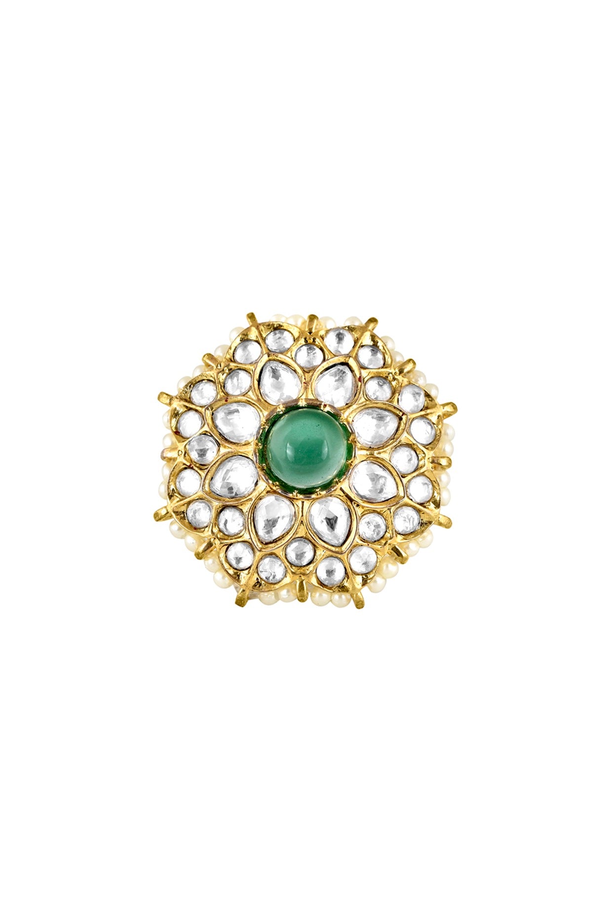 Gold Finish Handcrafted Ring With Green Stones