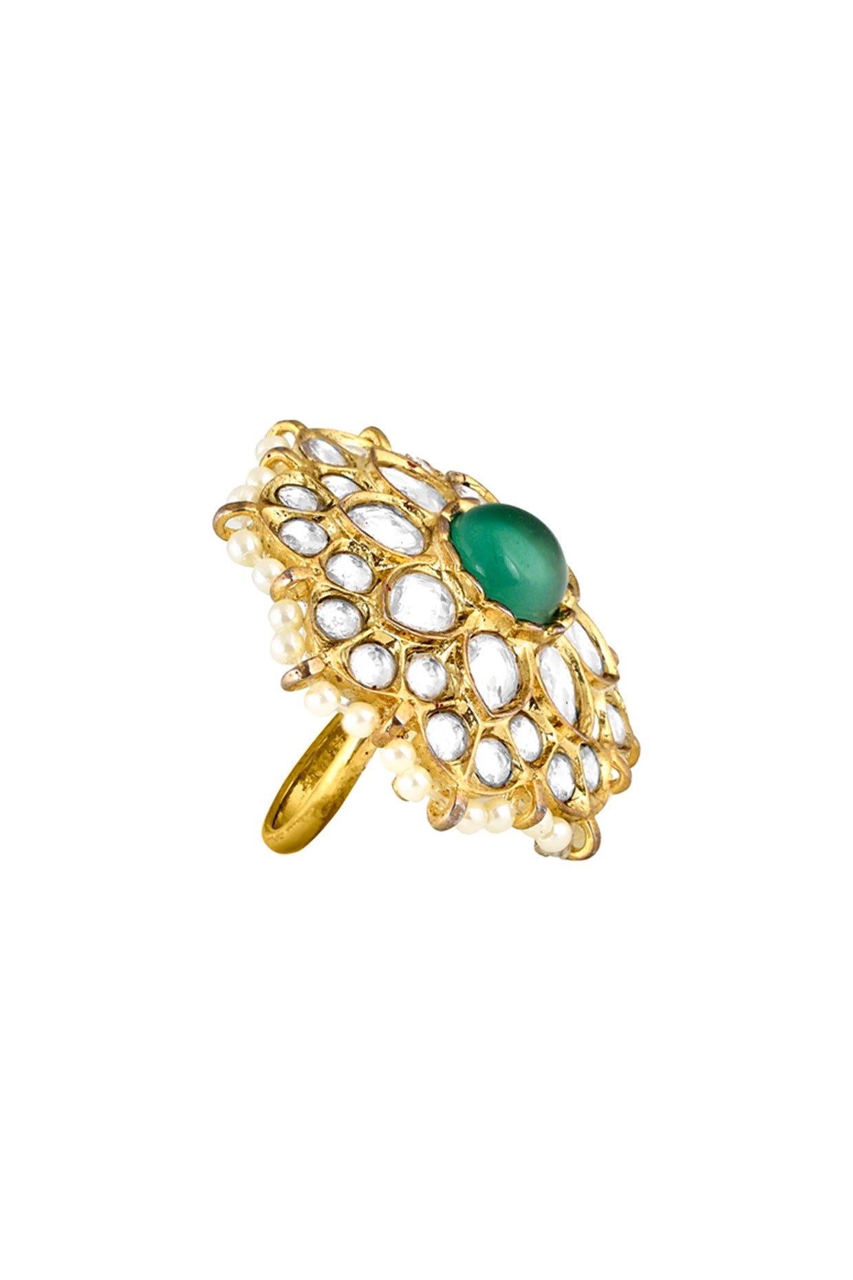 Gold Finish Handcrafted Ring With Green Stones