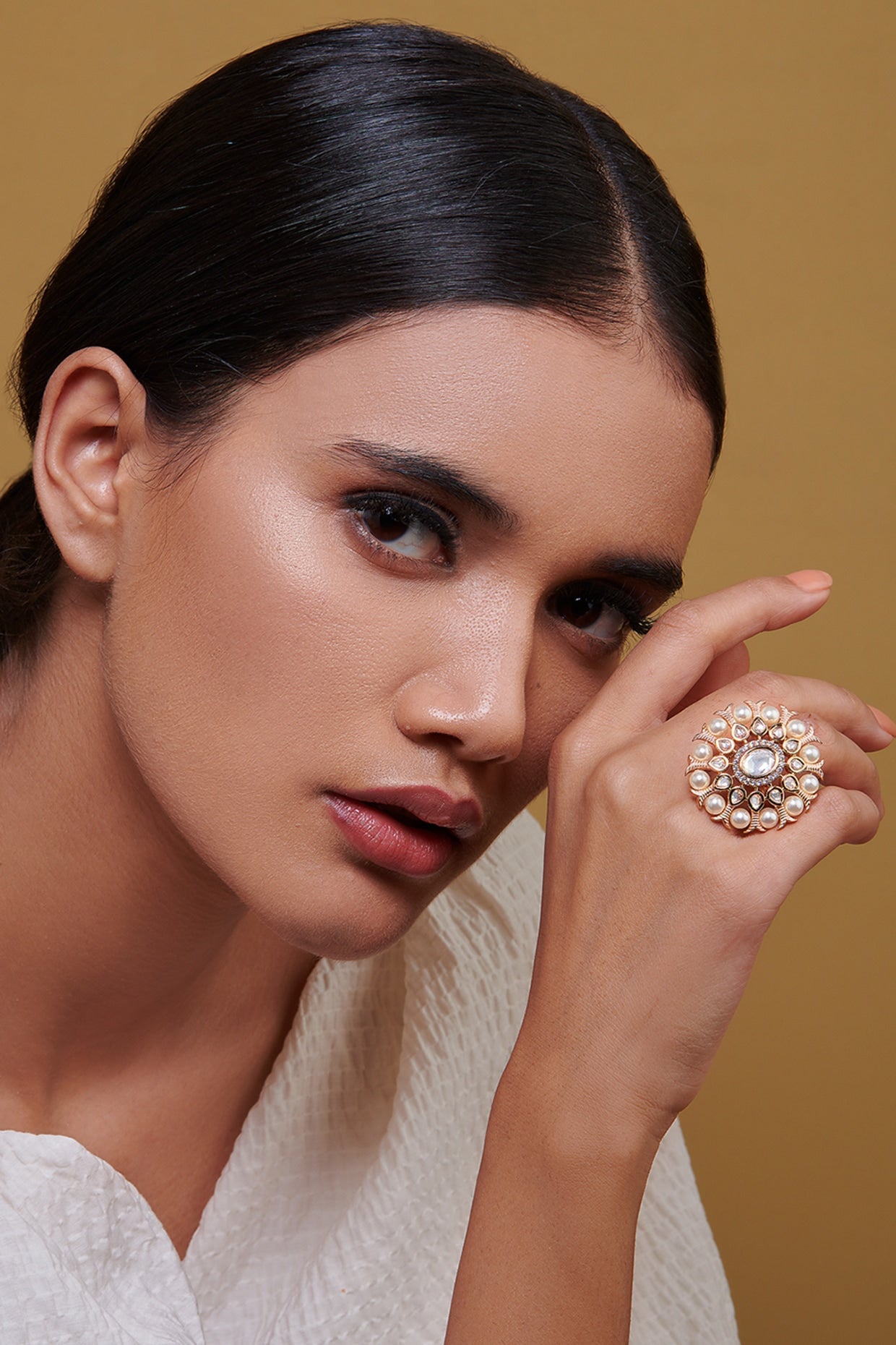 Gold Finish Floral Ring With Kundan Polki