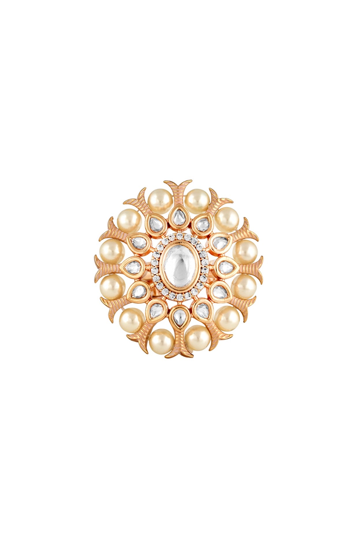 Gold Finish Floral Ring With Kundan Polki