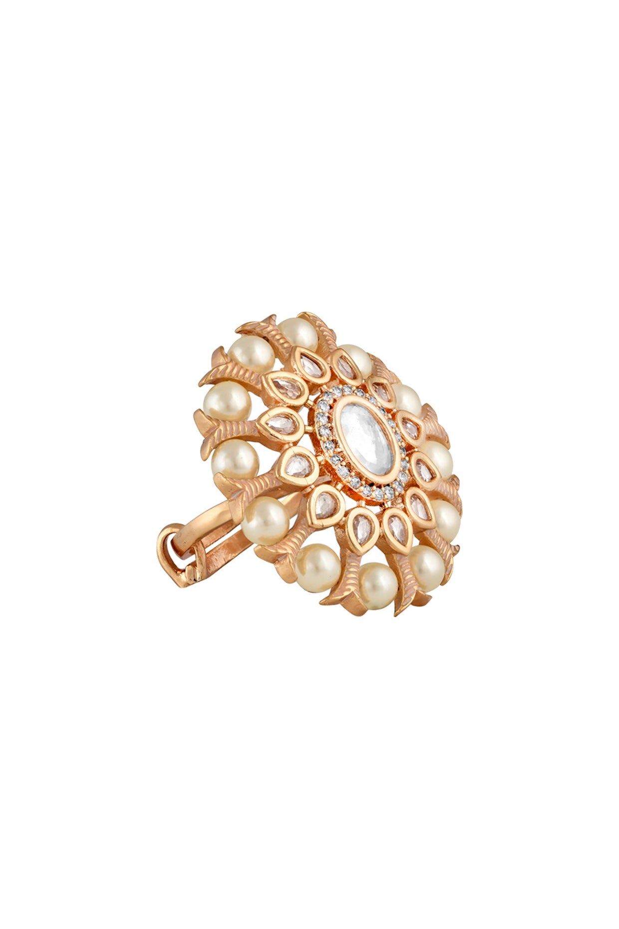 Gold Finish Floral Ring With Kundan Polki