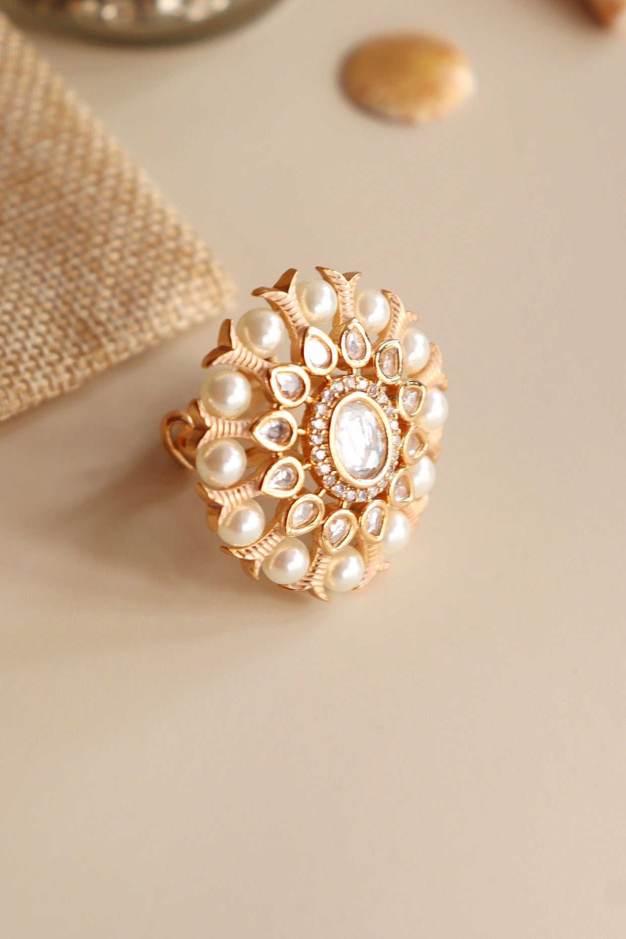 Gold Finish Floral Ring With Kundan Polki