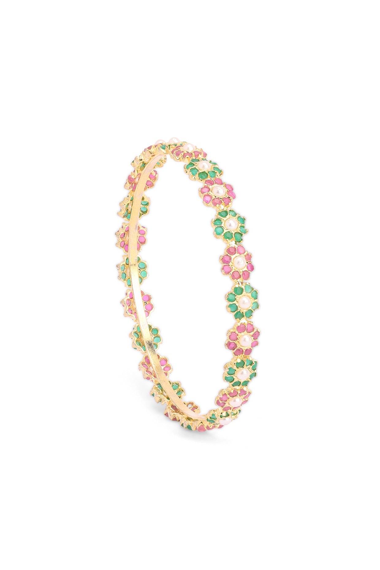 Gold Plated Multi-Colored Semi-Precious Stone & Floral Motif Bangle