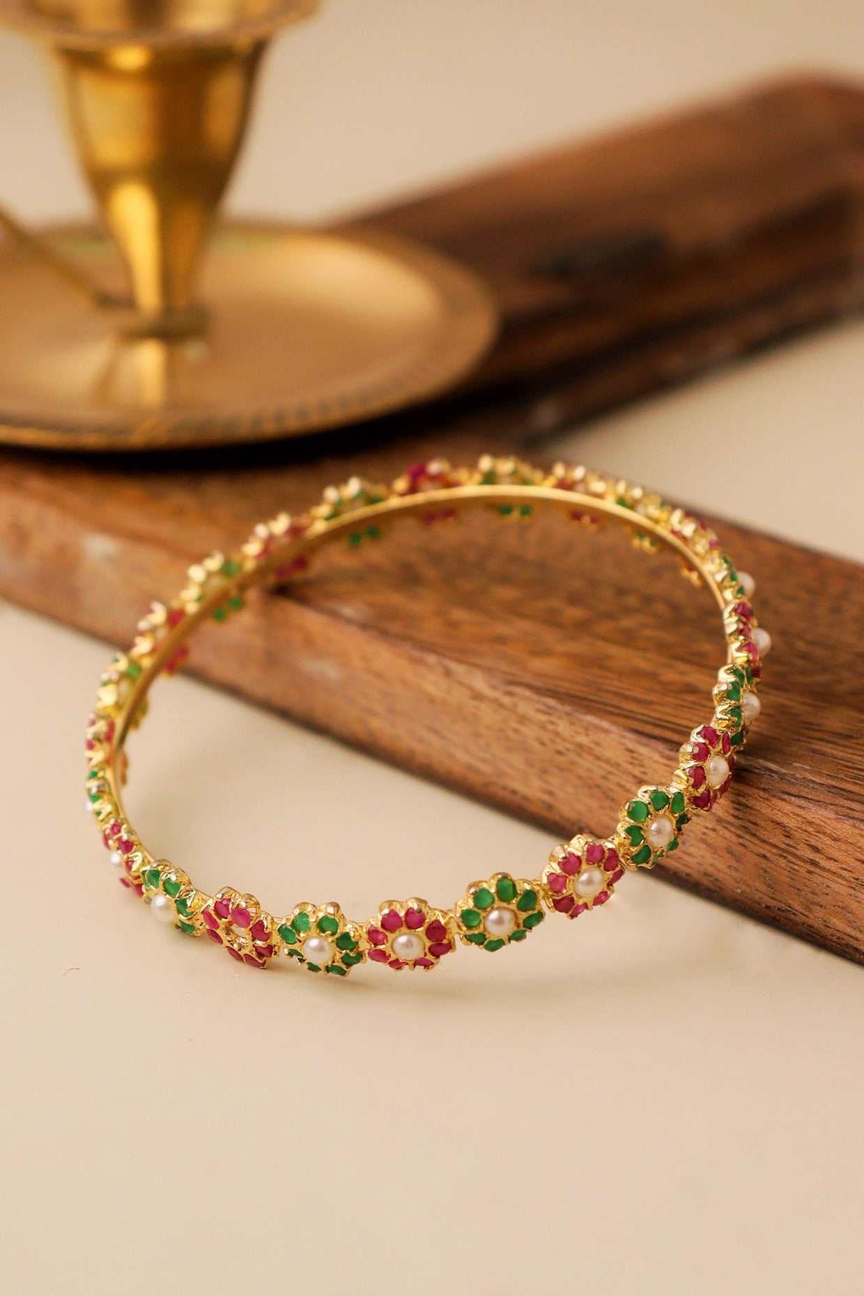 Gold Plated Multi-Colored Semi-Precious Stone & Floral Motif Bangle