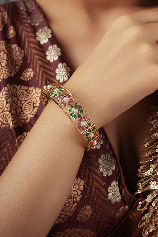 Gold Plated Multi-Colored Semi-Precious Stone Floral Bangle