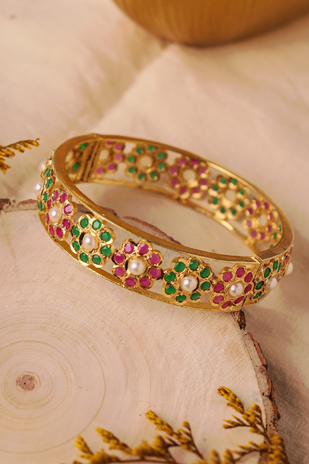 Gold Plated Multi-Colored Semi-Precious Stone Floral Bangle