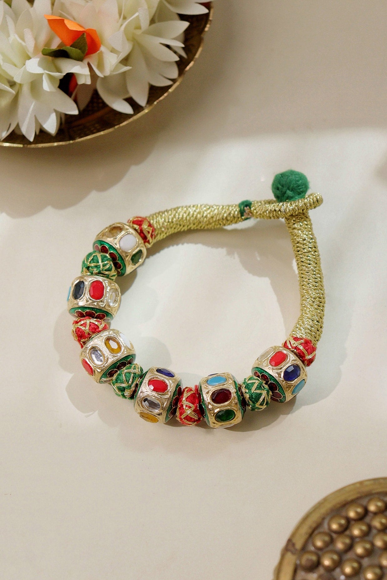 Gold Plated Navratna Orb Stone Enameled Bracelet