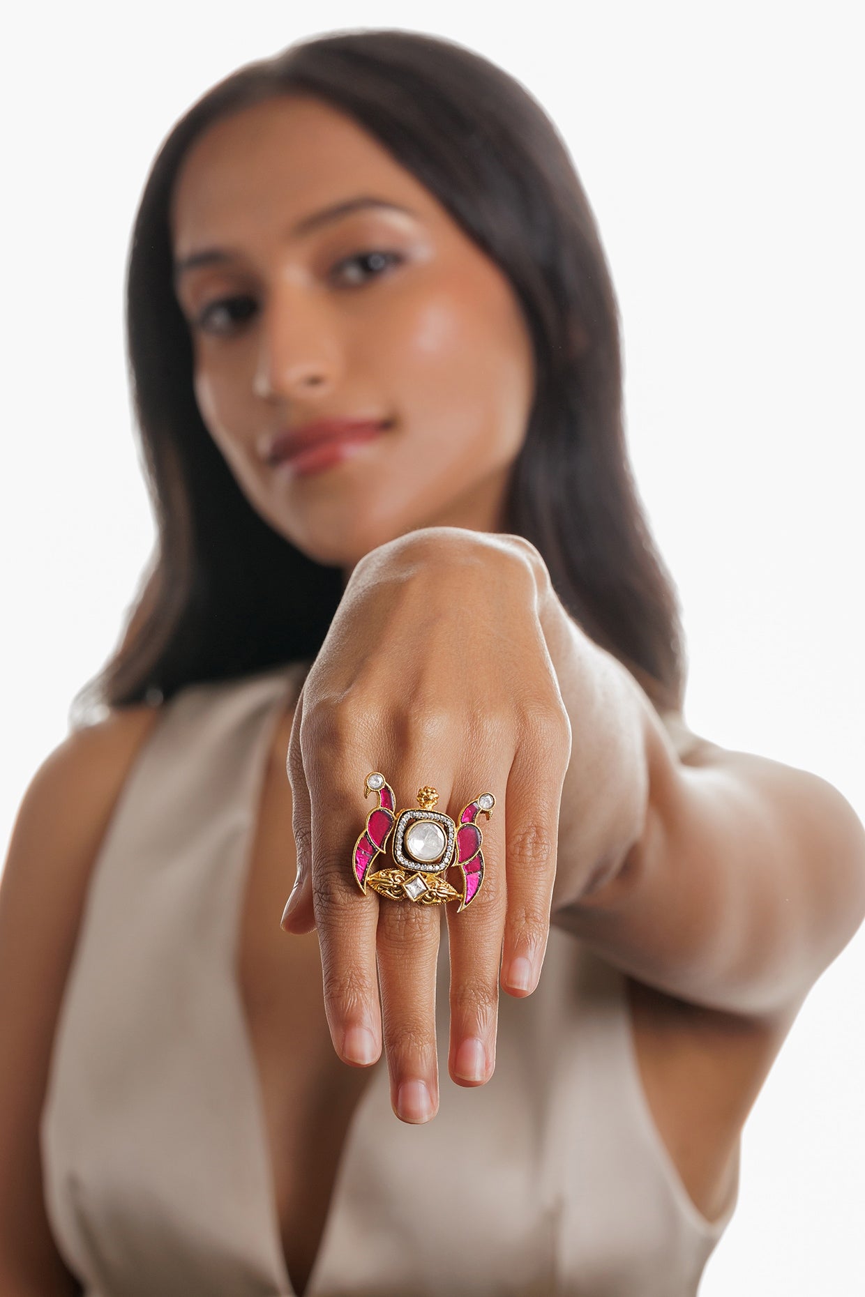 Gold Plated Pink Gemstone Peacock Ring