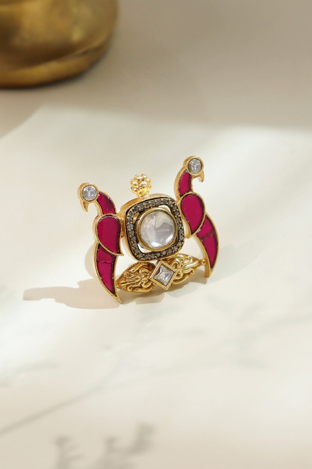 Gold Plated Pink Gemstone Peacock Ring