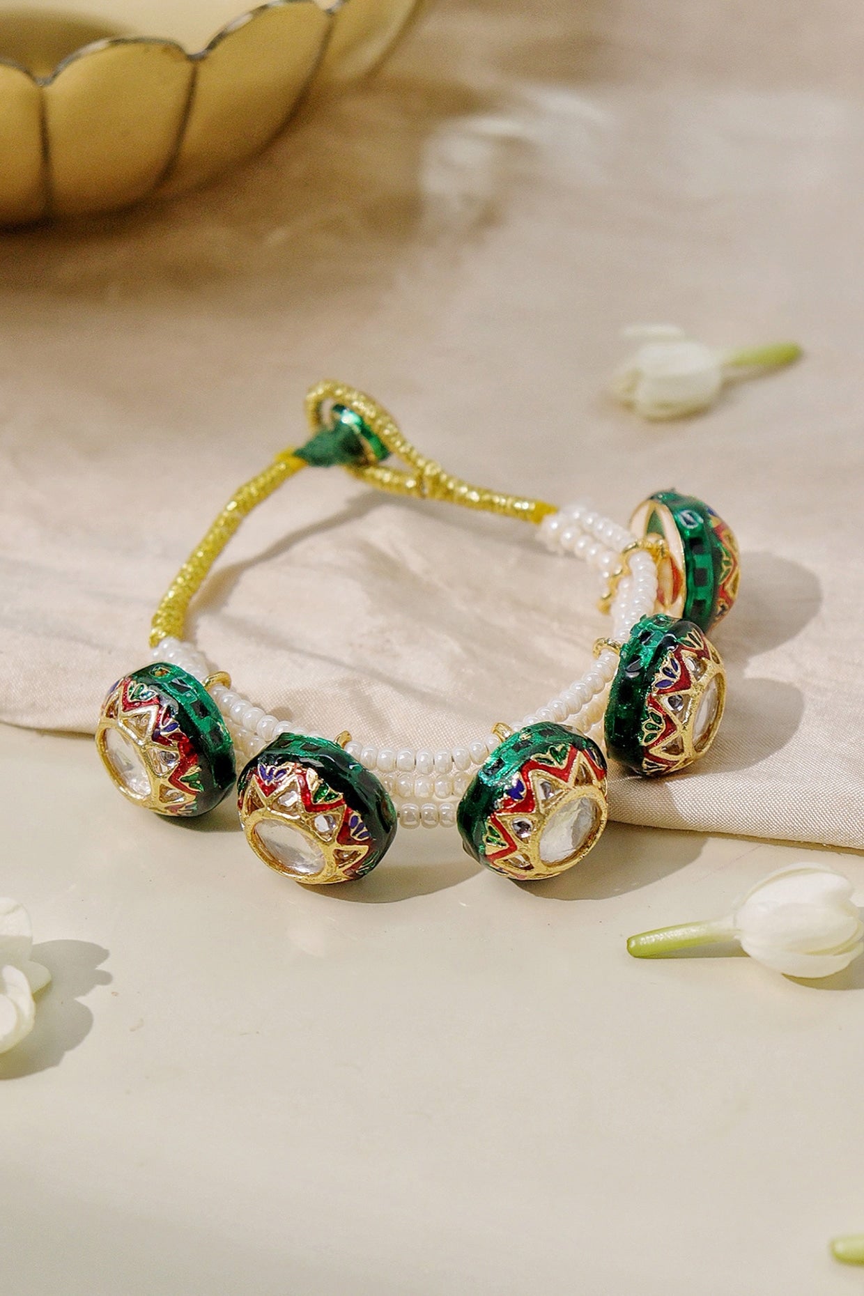 Gold Plated Kundan Polki Enameled Bracelet