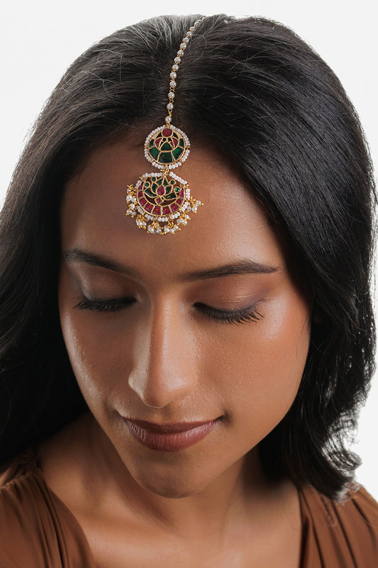 Gold Plated Kundan Polki Drop & Lotus Motif Maangtikka