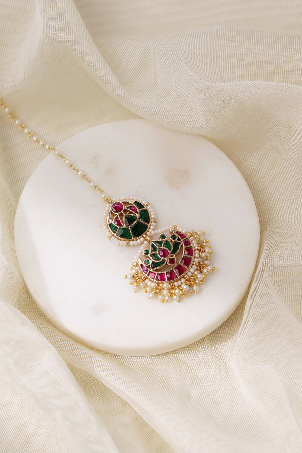 Gold Plated Kundan Polki Drop & Lotus Motif Maangtikka