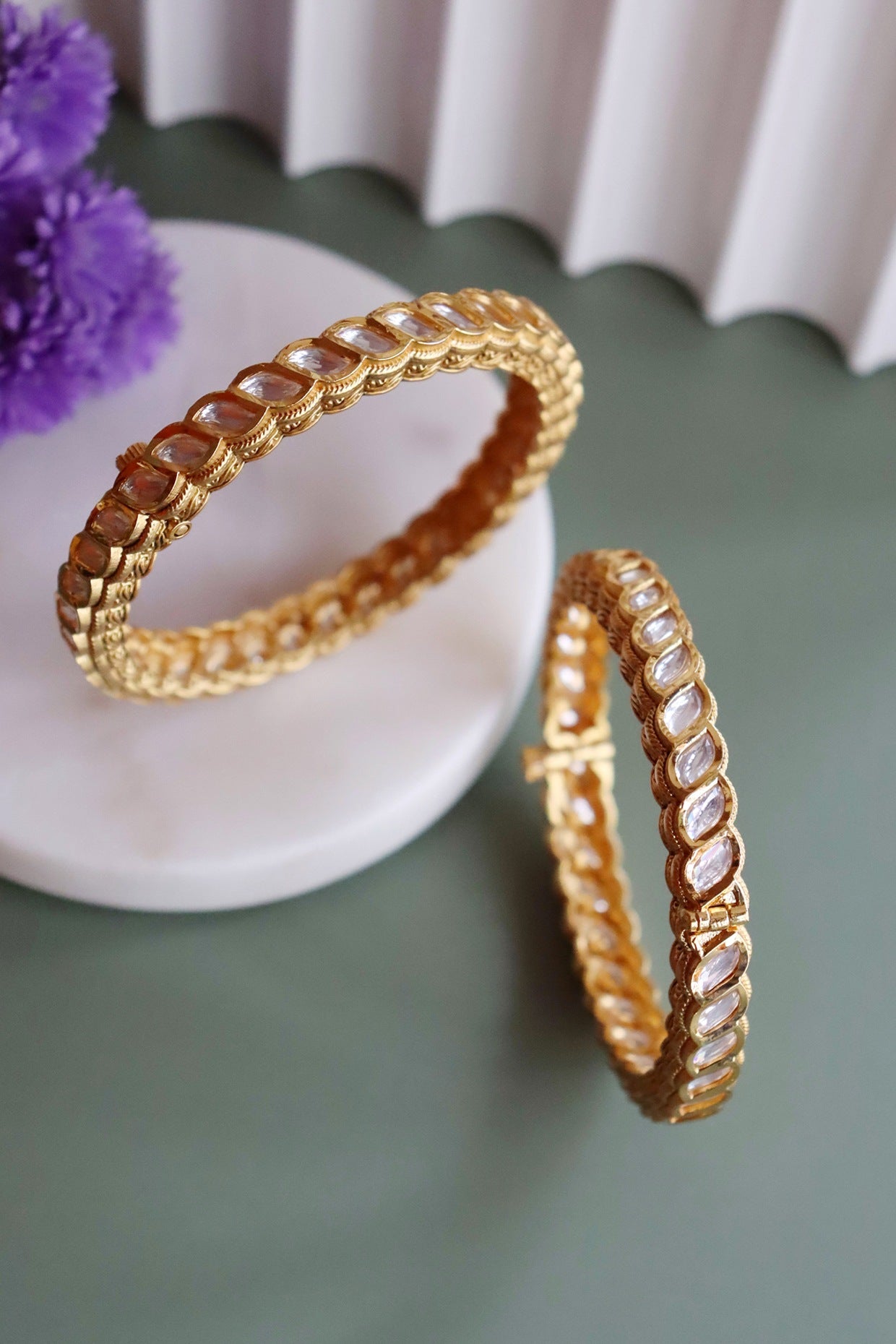 Gold Finish Kundan Polki Bangles (Set of 2)