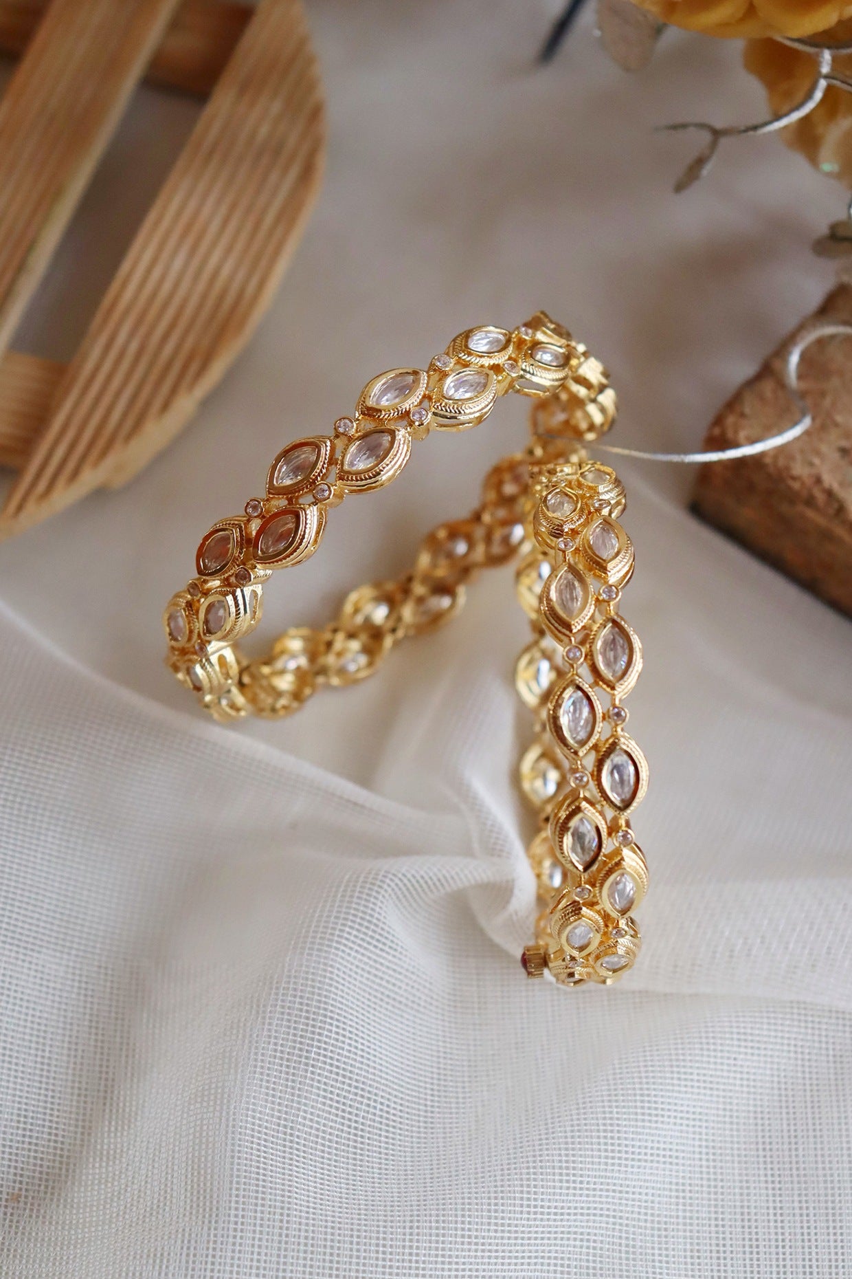 Gold Finish Marquise Kundan Bangles (Set of 2)