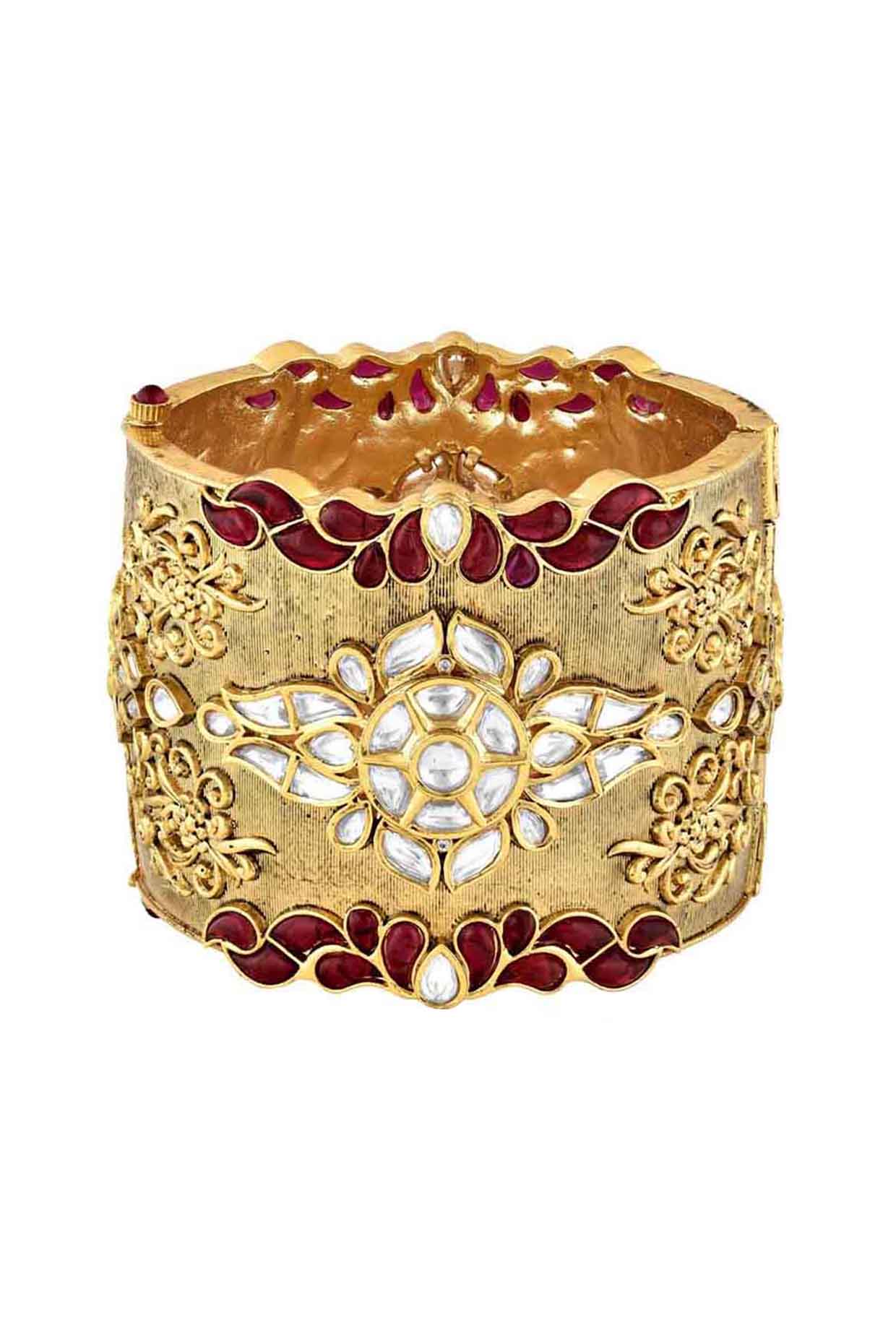 Gold Finish Red Semi Precious Stone Cuff Bangle