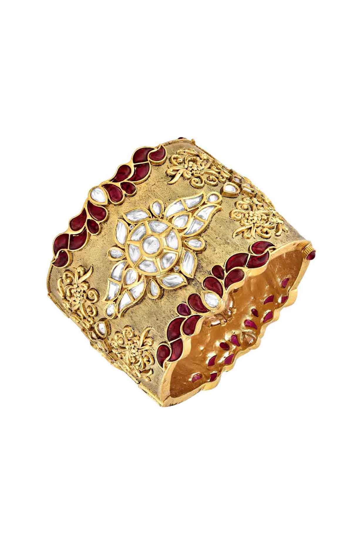 Gold Finish Red Semi Precious Stone Cuff Bangle