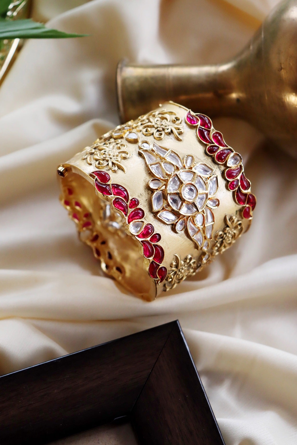 Gold Finish Red Semi Precious Stone Cuff Bangle