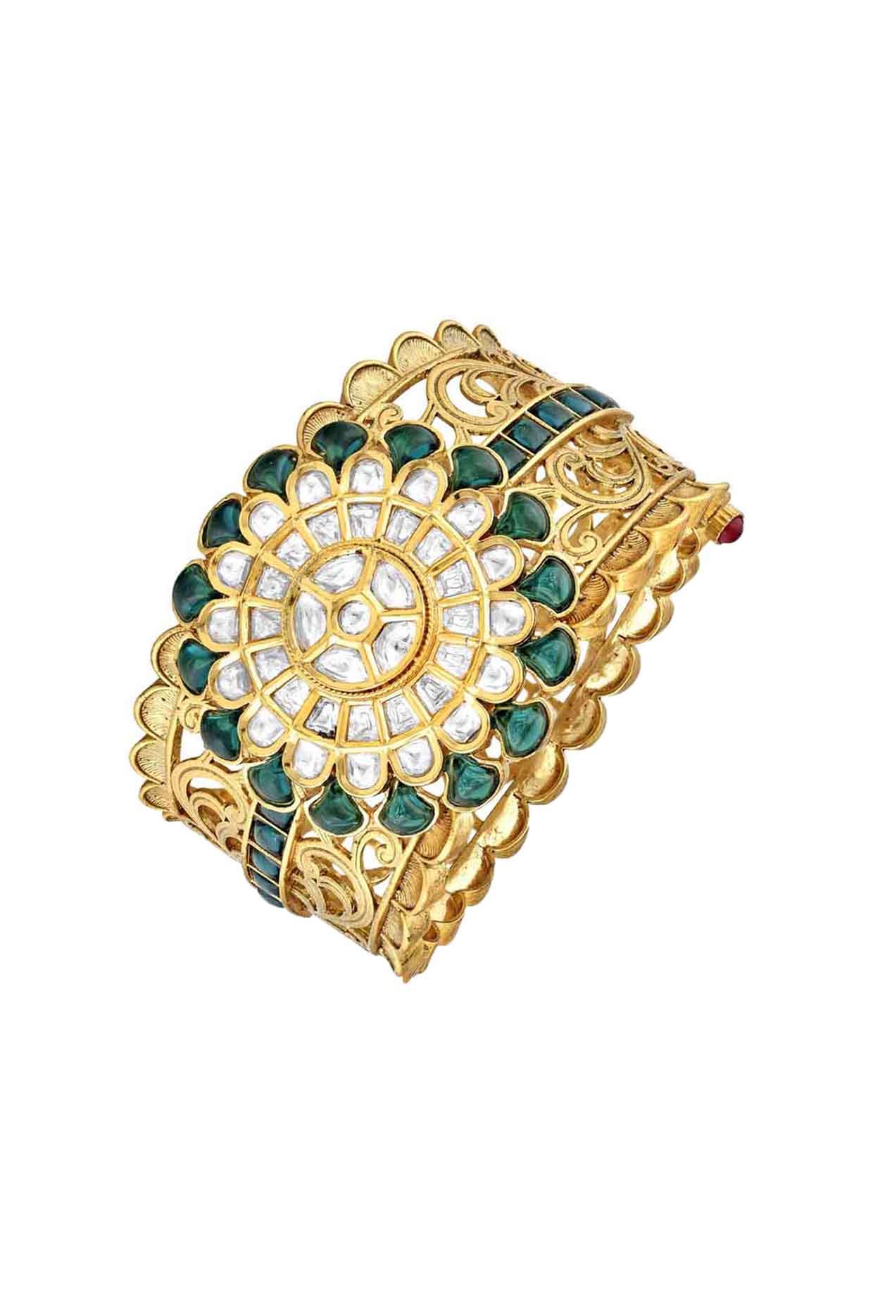 Gold Finish Green Semi Precious Stone Cuff Bangle