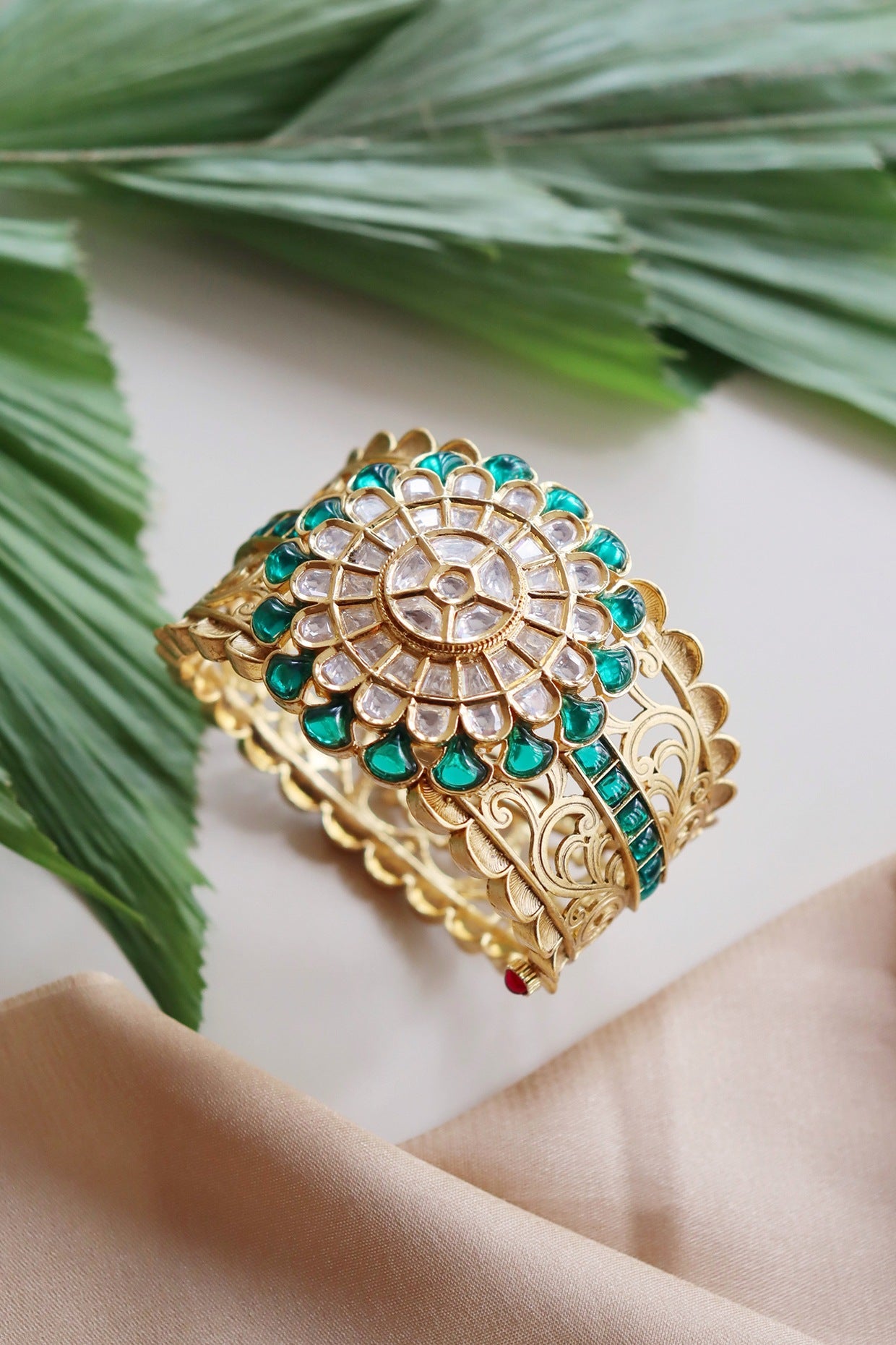 Gold Finish Green Semi Precious Stone Cuff Bangle