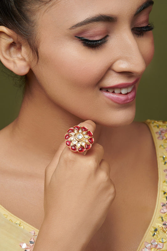 Gold Finish Red & White Kundan Polki Flower Ring